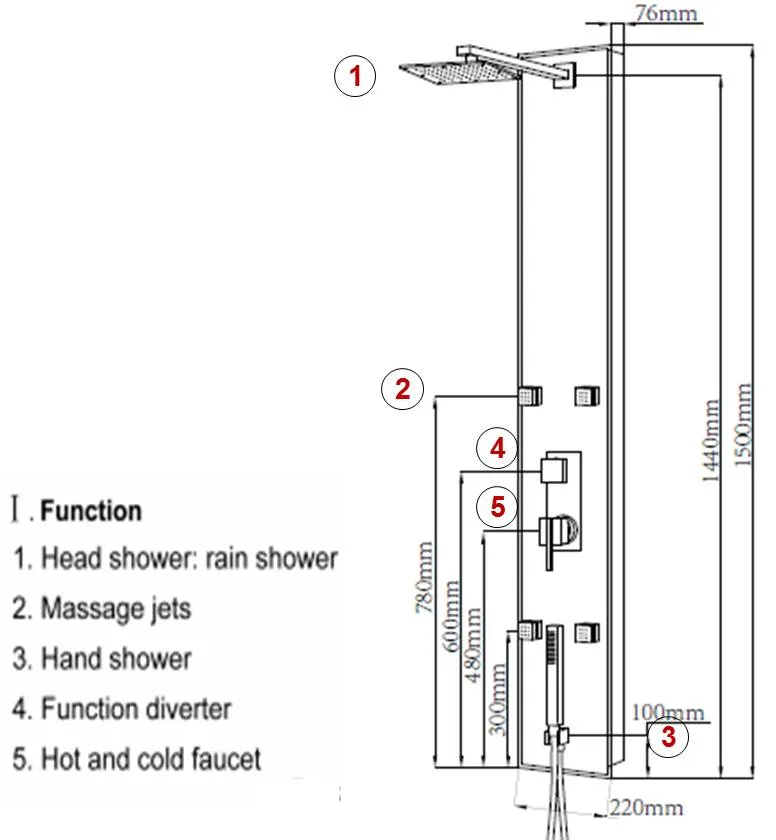 מערכת מקלחת ג’טים מפוארת כולל ראש גשם ומזלף עם אינטרפוץ